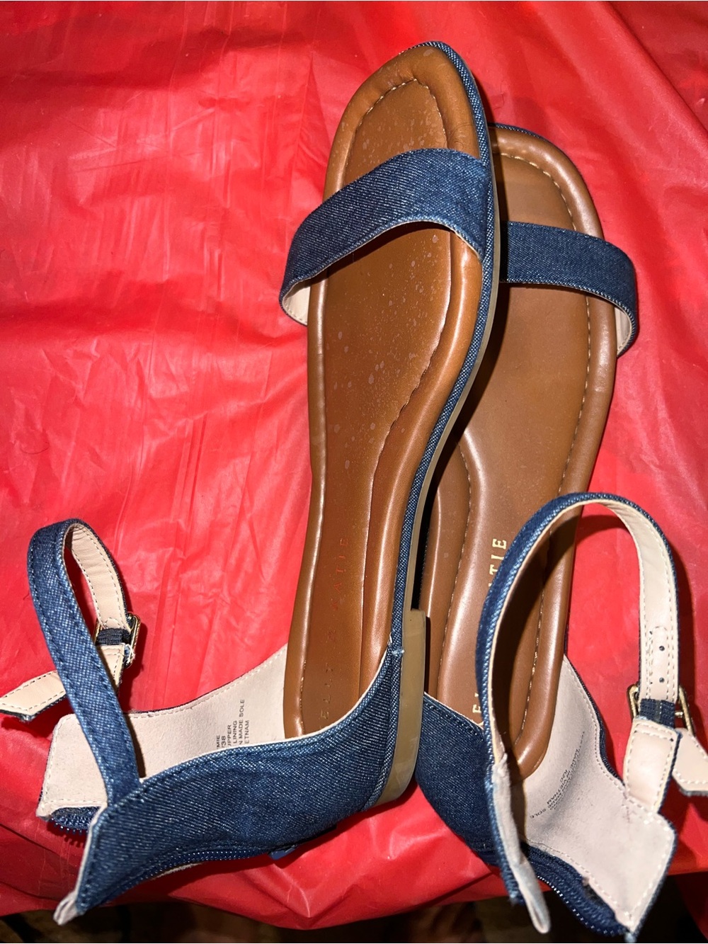 Kelly & Katie Denim Blue Strappy Sandals with Brown Footbed